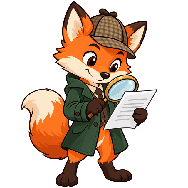 A cartoon fox detective reading a document through a magnifying glass